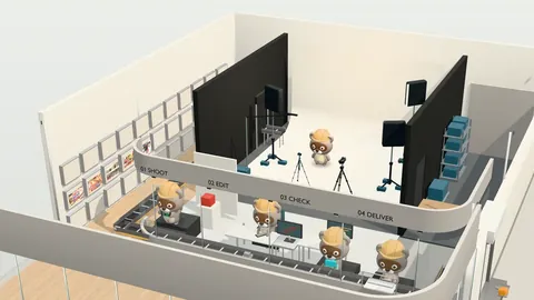 ぴー企画の映像工場の3Dを斜め上から見た画面。屋根を外した建物の中で、ぽんぽこ5体が作業している