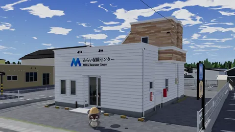 みらい保険センターの店舗の3Dを右前から見た画面。店の前にぽんぽこが立っている